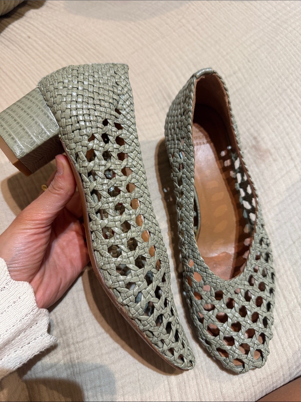 Sezane Woven Laura Court Block Heel Pumps in Sage Green - Picture 11 of 17